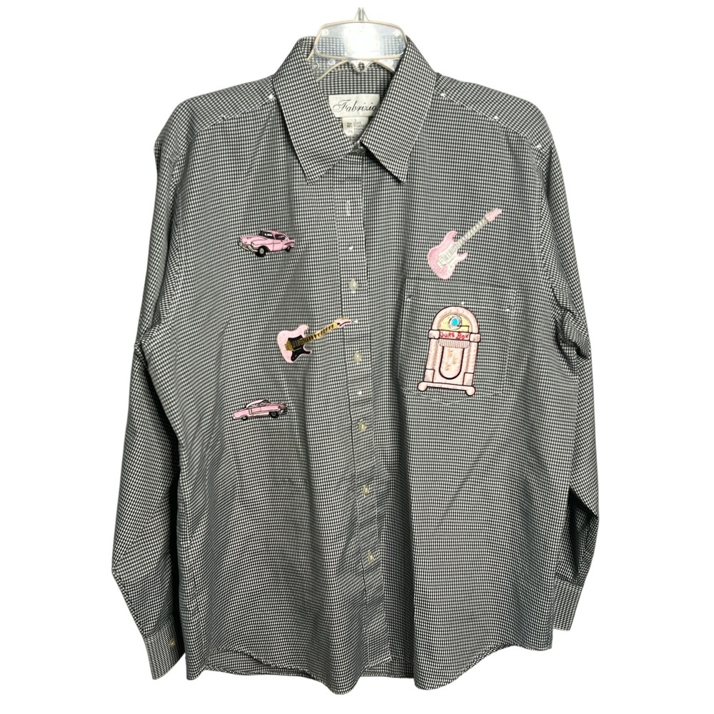 Fabrizio Novelty Button Down Shirt Pink Cars Guitars Jukebox Black‎ White L